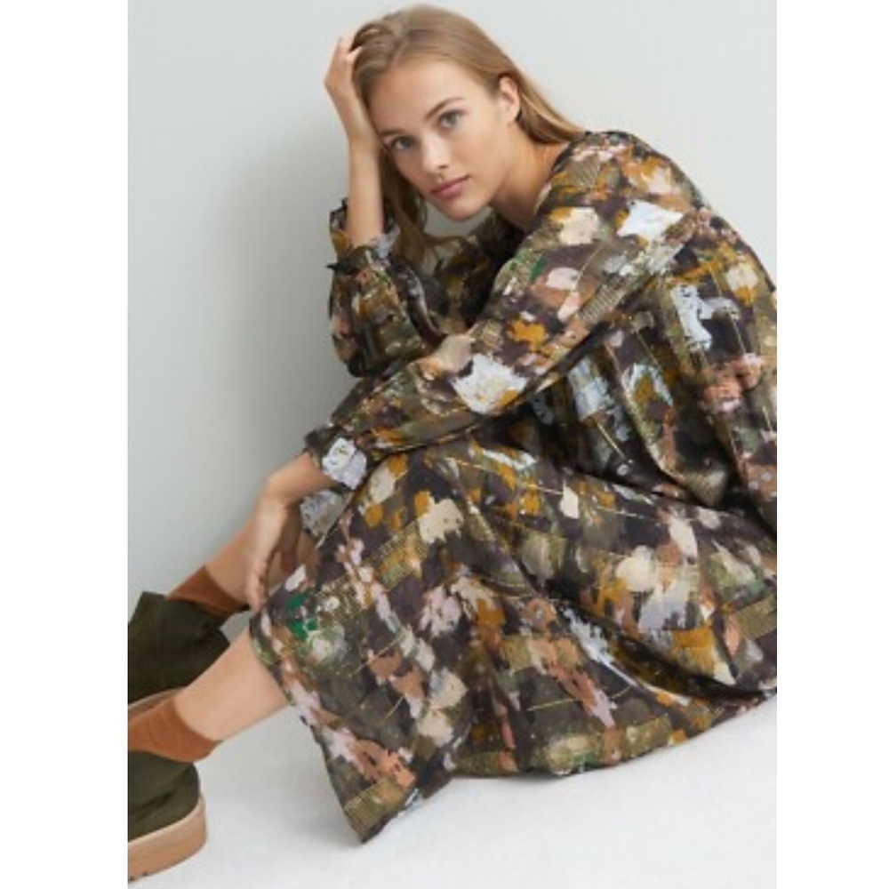 Anthropologie Blair Shimmer Maxi Dress Long Sleeve Gold Klimt Size XS - Picture 1 of 12